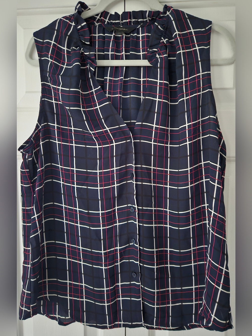 Banana Republic Plaid Ruffled Blouse Tank Blue & Purple Size L, Great Condition